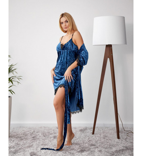 Вишуканий комплект з мармурового велюру: короткий халат та нічна сорочка 